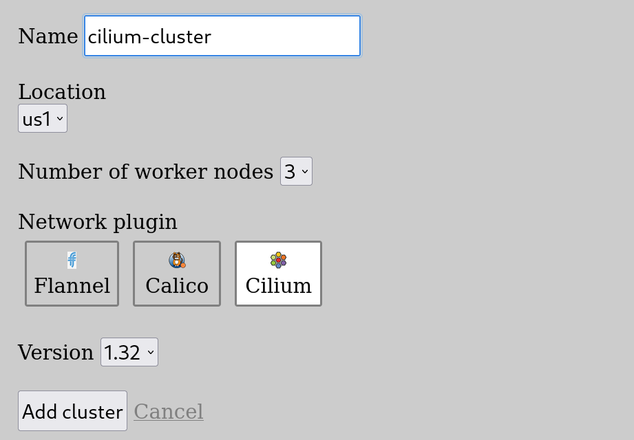 A menu allows selecting options for a new kubernetes cluster